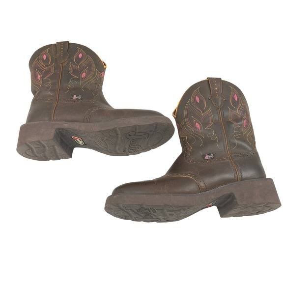 Justin GY9526 Western Cowboy Boots Womens Size 8.5B Brown Leather Pink Cowgirl - Picture 7 of 13